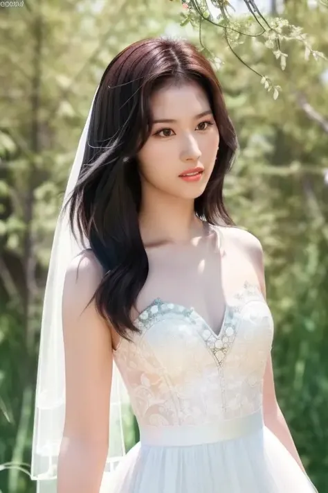 black hair, <lora:twiceSanaV1:1>,Sana,(close-up photo:1.3),(pov:1.1),korean, woman, complex 3d render ultra detailed, portrait of beautiful woman,, moody portrait, striking features, beauty, intricate details, dramatic composition, tension, contrast, texture, realism, high-quality rendering, stunning art, high quality, film grain, Fujifilm XT3,swirly bokeh,(realistic, photo-realistic:1.4),RAW photo,physically-based rendering,(looking at viewer:1.4),(8k, best quality, masterpiece:1.2),(full body shot:1.1),octane render,extremely detailed CG, unity 8k wallpaper,(studio soft light, rim light,in forest,sunlight:1.2),standing,(a girl is wearing wedding dress:1.5),hyper realistic detail shiny skin,ultra detailed,(ultra realistic:1.5),(intricate:1.2),(photorealistic:1.4),1girl,(skinny:1.3),detailed background