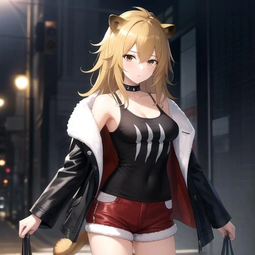((masterpiece)),(best quality),official art,extremely detailed CG,unity 8k wallpaper,ultra detailed,1girl,solo,cowboy shot,animal_ears,fur_trim,lion_ears,fur-trimmed_jacket,red_shorts,long_hair,looking_at_viewer,black_jacket,lion_tail,blonde_hair,choker,hair_between_eyes,collar,brown_eyes,tank_top,shirt,medium_breasts,<lora:Siege(ark)>,