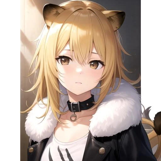 ((masterpiece)),(best quality),official art,extremely detailed CG,unity 8k wallpaper,ultra detailed,1girl,solo,upper body,(portrait:1.2),animal_ears,fur_trim,lion_ears,fur-trimmed_jacket,red_shorts,long_hair,looking_at_viewer,black_jacket,lion_tail,blonde_hair,choker,hair_between_eyes,collar,brown_eyes,tank_top,shirt,medium_breasts,<lora:Siege(ark)>,