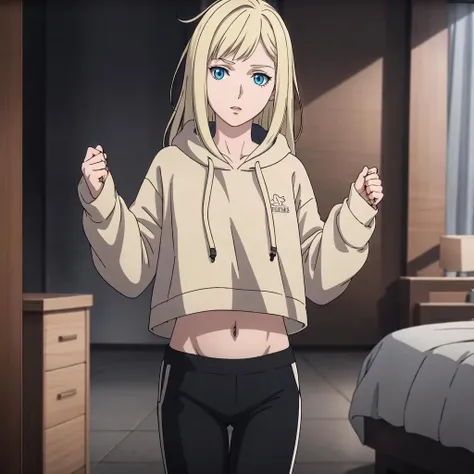 masterpiece,high quality,solo,
<lora:gigiandalucia001:0.7>,
gigiandalucia,1girl,
messy hair,long hair,blonde hair,blue eyes,
hoodie,
midriff,pants,waking up,