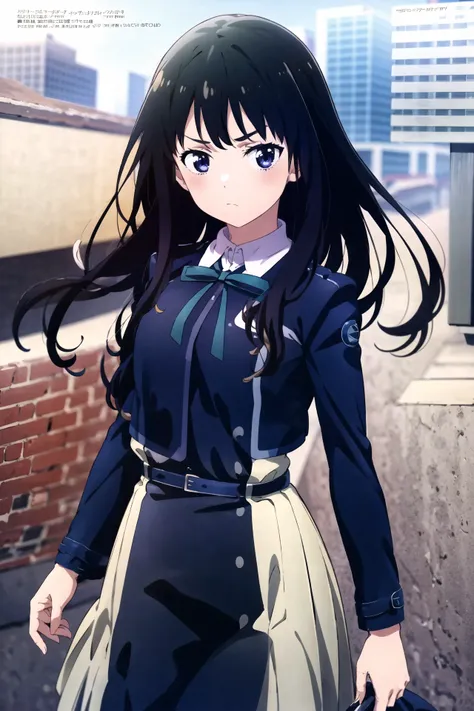 masterpiece, best quality, 1girl, <lora:lycorisRecoilTakina_takinaInoueBeta01:0.8>, cowboy shot, delicate eyes,long_hair, black_hair, trembling, ribbon, school_uniform, long_sleeves, jacket, <lora:2020s-anime-magazineV4:1>, looking at viewer,