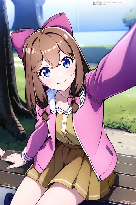 masterpiece, best quality, 1girl, cowboy shot, delicate eyes, looking at viewer, <lora:jiaranV23:0.8>, jiaran, brown hair, hair bow, pink jacket, blue eyes, park, sitting on bench, tree, reaching towards viewer, selfie, dynamic angle, light smile, <lora:2020s-anime-magazineV4:1>