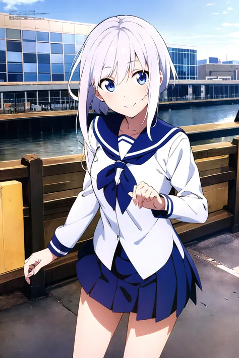masterpiece, best quality, 1girl, tri tails, white hair, school uniform, serafuku, light smile, cityscape, <lora:2020s-anime-magazineV4:1>