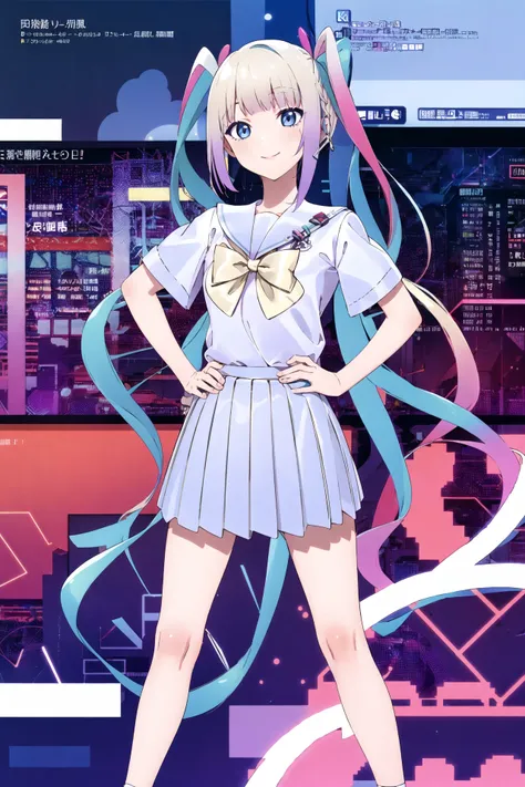 masterpiece, best quality, 1girl, solo, smile, <lora:kangelNeedyGirl_v10:1>, school uniform, computer, cyberpunk, skyscraper, streamer, hand on hip, <lora:2020s-anime-magazineV4:1>, very long hair