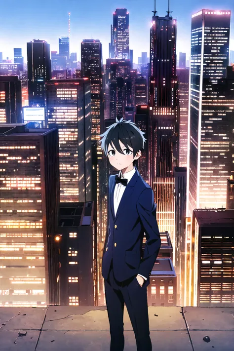 masterpiece, best quality, 1boy, school uniform, hand in pocket, school bag, black hair, black eyes, cyberpunk, cityscape, skyscraper, <lora:2020s-anime-magazineV4:1>