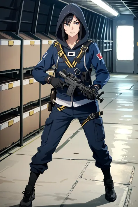 (masterpiece,best quality),1girl,hibanar6s,uniform,hoodie,pants,hood up,((facing viewer,holding gun)),scowling,in underground bunker,indoors,full body,straight on,policewoman,bulletproof vest,fingerless gloves,uniform, <lora:Hibanar6S:0.8>
