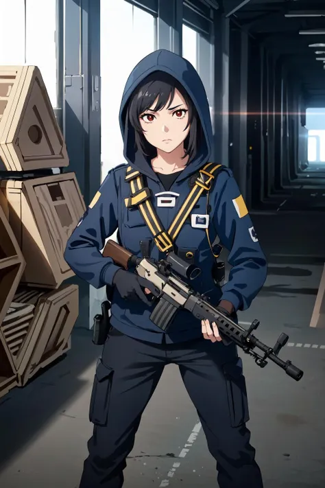 (masterpiece,best quality),1girl,hibanar6s,uniform,hoodie,pants,hood up,((facing viewer,holding gun,rifle)),trigger discipline,expressionless,red eyes,in underground bunker,indoors,full body,straight on,policewoman,bulletproof vest,fingerless gloves,uniform, <lora:Hibanar6S:0.8>, <lora:LORA-XenoDetailer-v2:0.1>