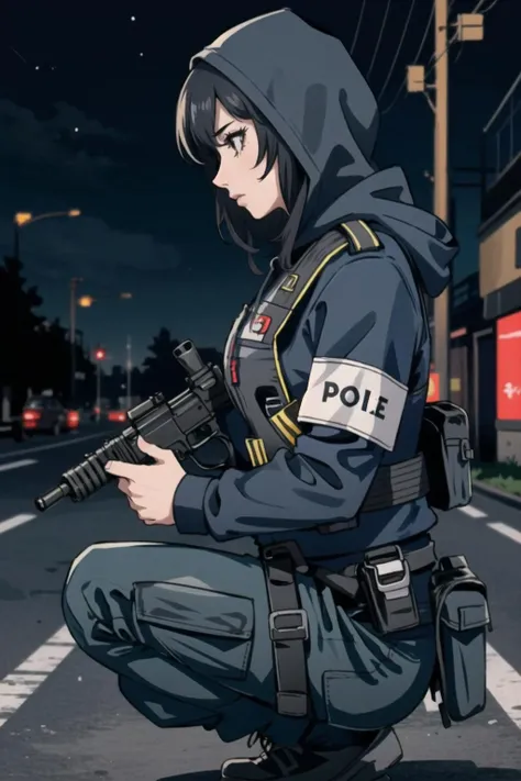 (masterpiece,best quality),1girl,hibanar6s,uniform,hoodie,hood up,policewoman,pants,jacket,bulletproof vest,body armor,(holding gun,rifle,trigger discipline),(side view,from side),black clothes,(in vacant lot, night:1.2),one knee,armband,<lora:Hibanar6S:0.7>, <lora:LORA-XenoDetailer-v2:0.1>