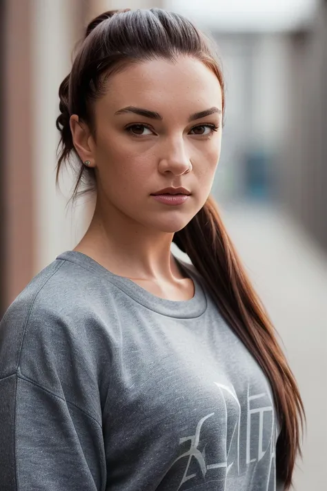 beautiful woman (EPM1ch3ll3J3nn3k3:.99),(masterpierce, photorealistic, best quality, high ponytail, 8k, dslr, absurdres,award winning photo, extremely detailed, amazing, fine detail, extremely detailed eyes and face),Closeup portrait of a young woman, happy, looking at viewer, wearing Sweatshirt, standing, alleyway