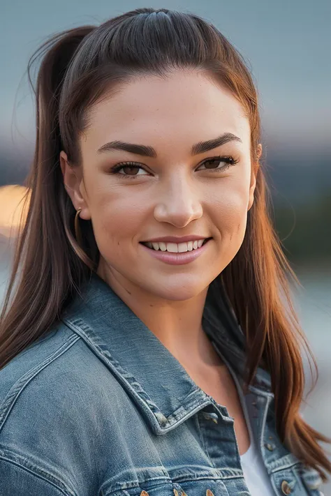 beautiful woman (EPM1ch3ll3J3nn3k3:.99),(masterpierce, photorealistic, best quality, high ponytail, 8k, dslr, absurdres,award winning photo, extremely detailed, amazing, fine detail, extremely detailed eyes and face),Closeup portrait of a young woman, happy, smiling, looking at viewer, wearing Denim Jacket, standing, night sky, meeting obama
