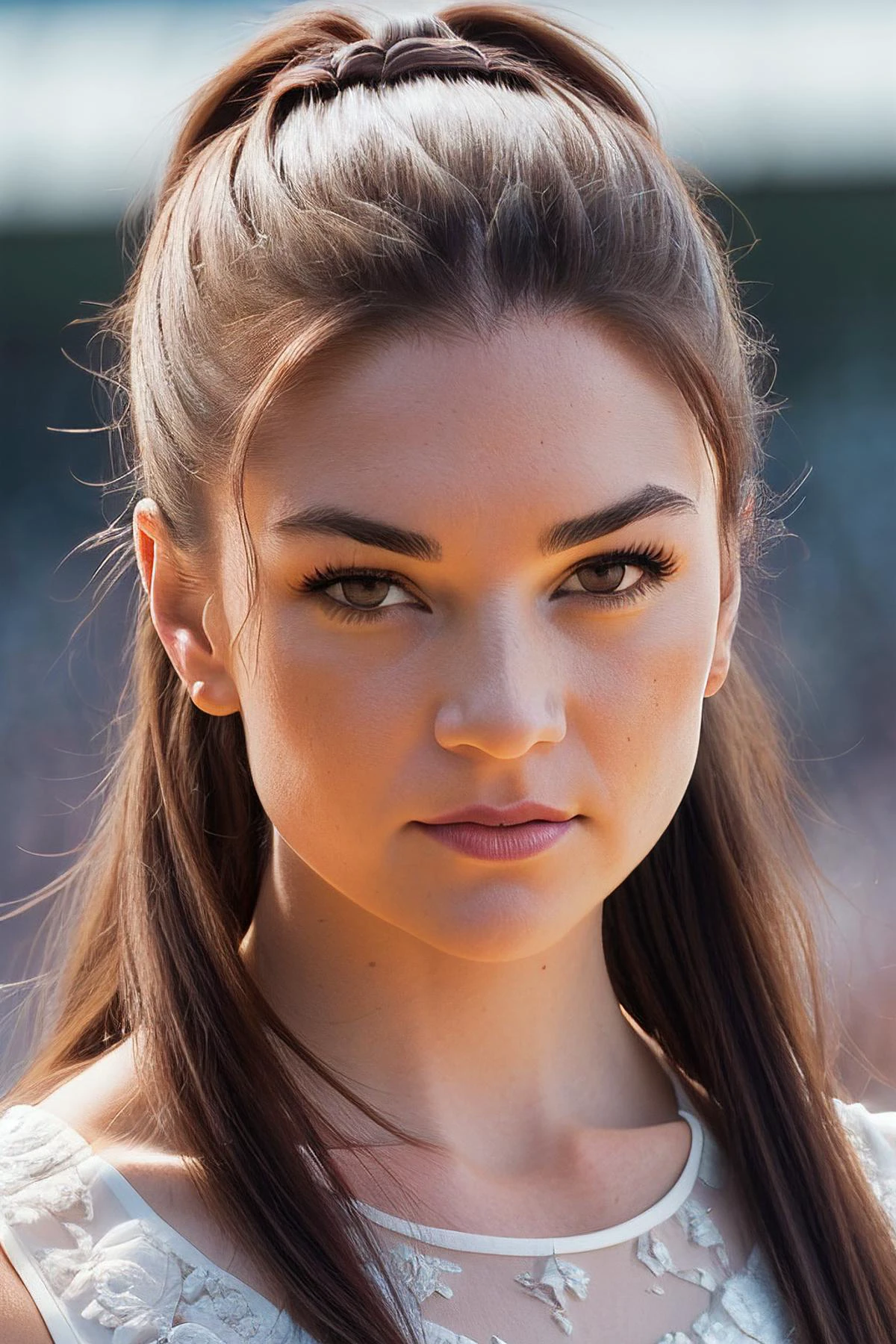 beautiful woman (EPM1ch3ll3J3nn3k3:.99),(masterpierce, photorealistic, best quality, high ponytail, 8k, dslr, absurdres,award winning photo, extremely detailed, amazing, fine detail, extremely detailed eyes and face),Closeup portrait of a young woman, happy, looking at viewer, wearing Ruffle Top, standing, dungeon