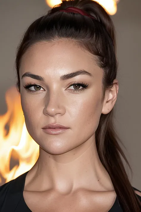 beautiful woman (EPM1ch3ll3J3nn3k3:.99),(masterpierce, photorealistic, best quality, high ponytail, 8k, dslr, absurdres,award winning photo, extremely detailed, amazing, fine detail, extremely detailed eyes and face),Closeup portrait of a classy woman, looking at viewer, wearing T-Shirt, standing, fire