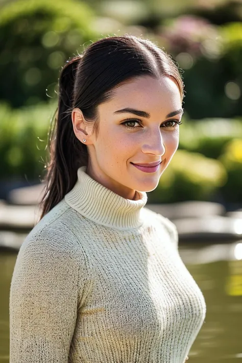 beautiful woman (EPM1ch3ll3J3nn3k3:.99), perfect hair, (high ponytail), ((portrait)), (closeup:1.2), ((from the waist up)), ((( A contemporary floating art and sculpture garden, featuring immersive installations and sculptures floating on water bodies :1.2 ))), natural skin texture, (( Polo neck sweater and culottes :1.2)), 24mm, 4k textures, soft cinematic light, adobe lightroom, photolab, hdr, intricate, elegant, highly detailed, sharp focus, ((((cinematic look)))), soothing tones, insane details, intricate details, hyperdetailed, low contrast, soft cinematic light, exposure blend, hdr, faded, now, ("I've got a bad feeling about this.":1.1)