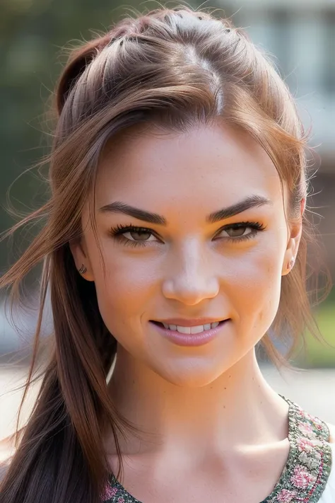 beautiful woman (EPM1ch3ll3J3nn3k3:.99),(masterpierce, photorealistic, best quality, high ponytail, 8k, dslr, absurdres,award winning photo, extremely detailed, amazing, fine detail, extremely detailed eyes and face),Closeup portrait of a young woman, happy, smiling, looking at viewer, wearing Tunic Top, standing, library, meeting obama