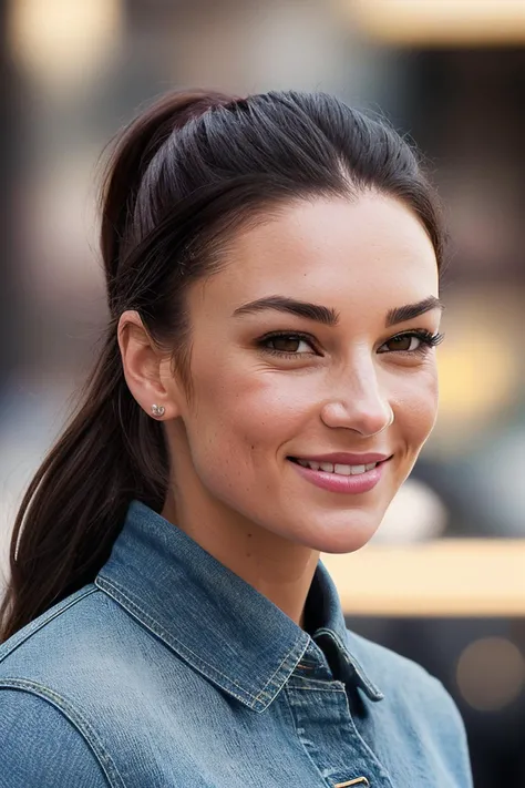 beautiful woman (EPM1ch3ll3J3nn3k3:.99), perfect hair, (high ponytail), ((portrait)), (closeup:1.2), ((from the waist up)), ((( A chic, modern dessert café, filled with a variety of colorful, artful treats :1.2 ))), natural skin texture, (( Button-front blouse and jeans :1.2)), 24mm, 4k textures, soft cinematic light, adobe lightroom, photolab, hdr, intricate, elegant, highly detailed, sharp focus, ((((cinematic look)))), soothing tones, insane details, intricate details, hyperdetailed, low contrast, soft cinematic light, exposure blend, hdr, faded, now, ("I've got a bad feeling about this.":1.1)