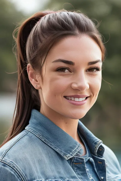 beautiful woman (EPM1ch3ll3J3nn3k3:.99),(masterpierce, photorealistic, best quality, high ponytail, 8k, dslr, absurdres,award winning photo, extremely detailed, amazing, fine detail, extremely detailed eyes and face),Closeup portrait of a young woman, happy, smiling, looking at viewer, wearing Denim Jacket, standing, swimming pool, meeting obama