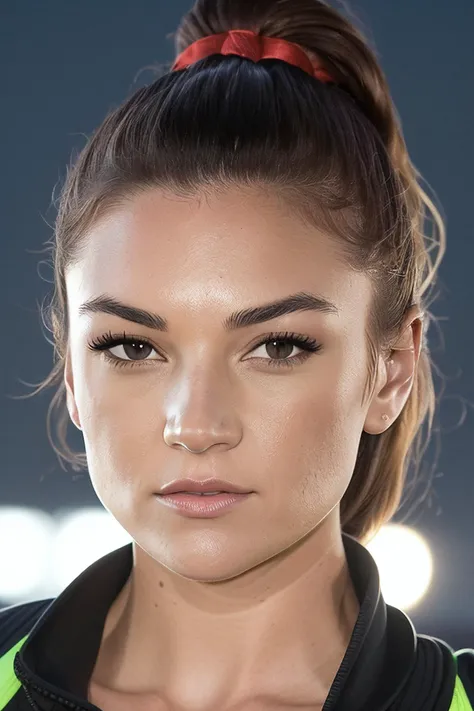beautiful woman (EPM1ch3ll3J3nn3k3:.99),(masterpierce, photorealistic, best quality, high ponytail, 8k, dslr, absurdres,award winning photo, extremely detailed, amazing, fine detail, extremely detailed eyes and face),Closeup portrait of a classy woman, looking at viewer, wearing Rashguard, standing, night sky