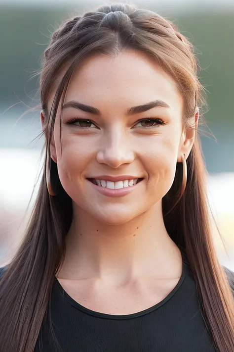 beautiful woman (EPM1ch3ll3J3nn3k3:.99),(masterpierce, photorealistic, best quality, high ponytail, 8k, dslr, absurdres,award winning photo, extremely detailed, amazing, fine detail, extremely detailed eyes and face),Closeup portrait of a young woman, happy, smiling, looking at viewer, wearing Bodysuit, standing, fantasy city, meeting obama