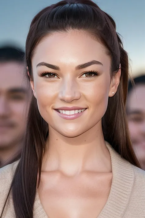 beautiful woman (EPM1ch3ll3J3nn3k3:.99),(masterpierce, photorealistic, best quality, high ponytail, 8k, dslr, absurdres,award winning photo, extremely detailed, amazing, fine detail, extremely detailed eyes and face),Closeup portrait of a young woman, happy, smiling, looking at viewer, wearing Cardigan, standing, night sky, meeting obama