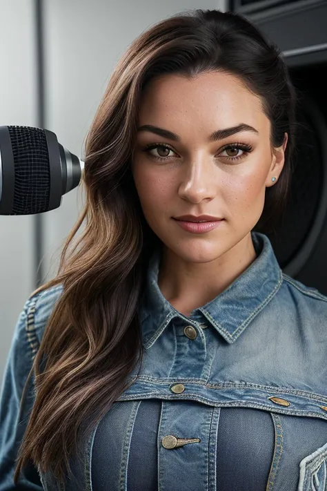 beautiful woman (EPM1ch3ll3J3nn3k3:.99), perfect hair, (high ponytail), ((portrait)), (closeup:1.2), ((from the waist up)), ((( A modern, minimalist recording studio, featuring sleek microphones and a soundproof booth :1.2 ))), natural skin texture, (( Patchwork blouse and jeans :1.2)), 24mm, 4k textures, soft cinematic light, adobe lightroom, photolab, hdr, intricate, elegant, highly detailed, sharp focus, ((((cinematic look)))), soothing tones, insane details, intricate details, hyperdetailed, low contrast, soft cinematic light, exposure blend, hdr, faded, now, ("I've got a bad feeling about this.":1.1)
