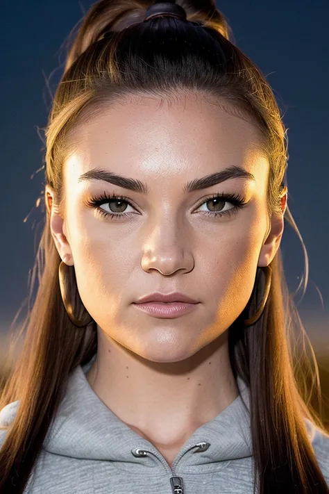 beautiful woman (EPM1ch3ll3J3nn3k3:.99),(masterpierce, photorealistic, best quality, high ponytail, 8k, dslr, absurdres,award winning photo, extremely detailed, amazing, fine detail, extremely detailed eyes and face),Closeup portrait of a classy woman, looking at viewer, wearing Hoodie, standing, night sky