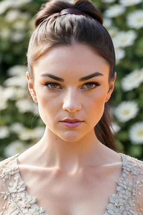 beautiful woman (EPM1ch3ll3J3nn3k3:.99),(masterpierce, photorealistic, best quality, high ponytail, 8k, dslr, absurdres,award winning photo, extremely detailed, amazing, fine detail, extremely detailed eyes and face),Closeup portrait of a classy woman, looking at viewer, wearing Wrap Top, standing, field of flowers