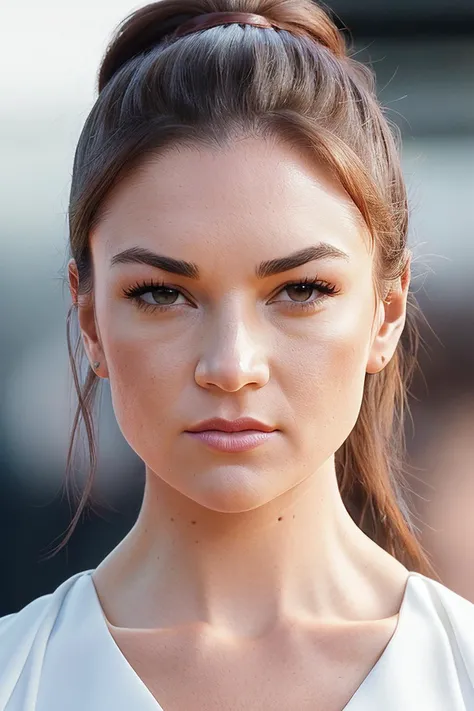 beautiful woman (EPM1ch3ll3J3nn3k3:.99),(masterpierce, photorealistic, best quality, high ponytail, 8k, dslr, absurdres,award winning photo, extremely detailed, amazing, fine detail, extremely detailed eyes and face),Closeup portrait of a classy woman, looking at viewer, wearing Ruffle Top, standing, space