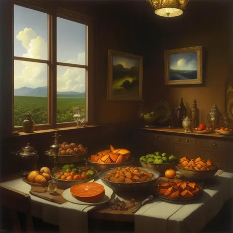 vanguardism oil painting, Salgado(Sebastiao), pork chops with sweet potato and broccoli, jars, Rule of Thirds, room light, partly cloudy, <lora:epiNoiseoffset_v2:1>