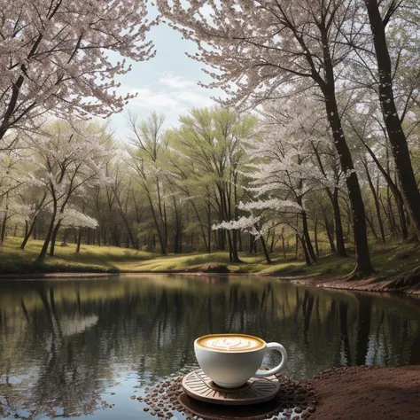 mystical, espresso,  inside (( Cappuccino cup )), spring, a calm, reflective pond surrounded by trees, <lora:epiNoiseoffset_v2Pynoise:2>