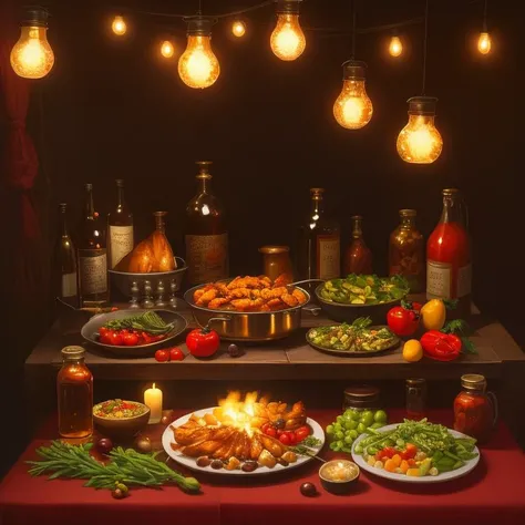 vanguardism oil painting, Kahlo, grilled chicken with roasted vegetables, jars, X-shape, spotlight, <lora:epiNoiseoffset_v2:1>