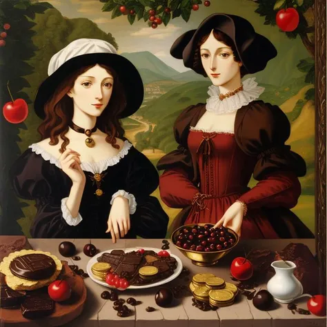 renaissance oil painting, Lichtenstein, chocolate coins, chocolate covered cherries, sour candy, <lora:epiNoiseoffset_v2:1>