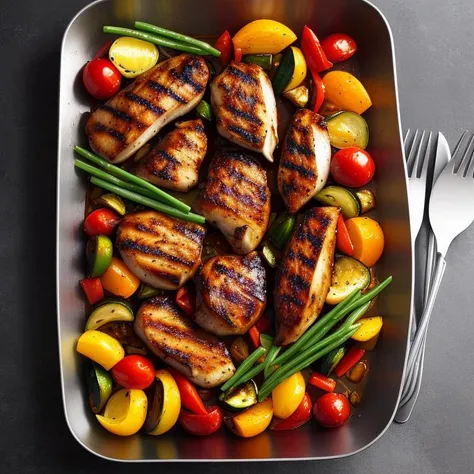 Hard-Edge Painting, Newton (Helmut), grilled chicken with roasted vegetables, pans, Focal Point, ambient, <lora:epiNoiseoffset_v2:1>