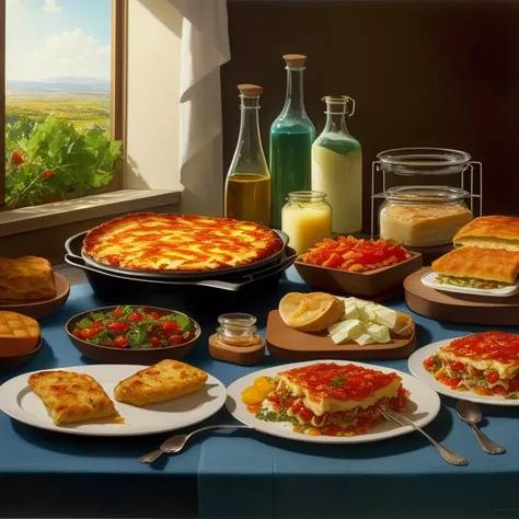 mannerism oil painting, Ruscha, lasagna with garlic bread and salad, jars, Split Complementary, backlight, gobo light, <lora:epiNoiseoffset_v2:1>