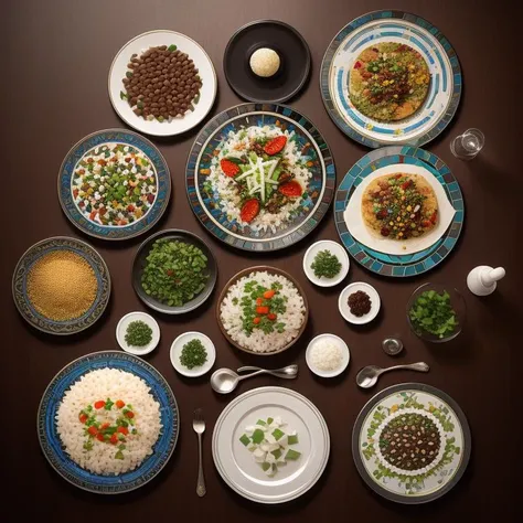 Mosaic, Hirst, tacos with rice and beans, plates, Asymmetrical, Angles, main light, strobe, <lora:epiNoiseoffset_v2:1>