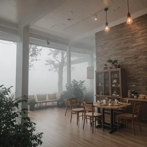 charmed, Donut, A hidden gem bakery with a cozy ambiance, inviting visitors to relax and enjoy the surroundings, A misty day with fog clinging to the ground and obscuring everything beyond a few feet, <lora:epiNoiseoffset_v2Pynoise:2>