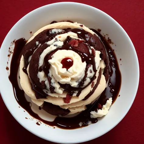Contemporary Art, Bacon, chocolate chip cookie dough ice cream, red eye, <lora:epiNoiseoffset_v2:1>
