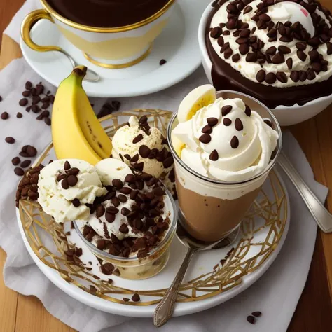 Mosaic, Hirst, banana split ice cream, mocha, inside (( cup )), <lora:epiNoiseoffset_v2:1>