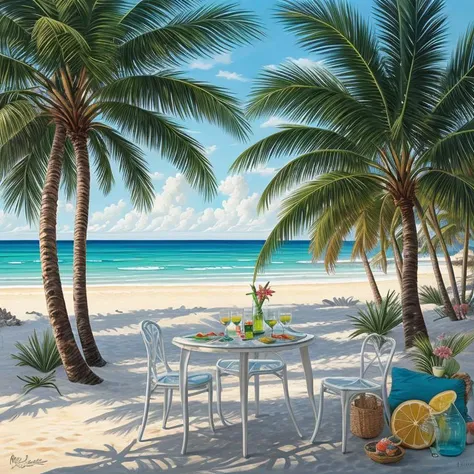 romanticism oil painting, Expressionism, mojito, table, Colorful beach, clear waters, palms, <lora:epiNoiseoffset_v2Pynoise:2>