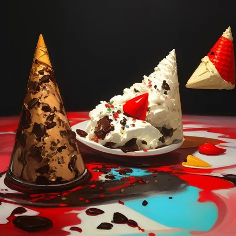 Abstract Expressionism, Hopper, rocky road ice cream, red eye, inside (( cone )), <lora:epiNoiseoffset_v2:1>