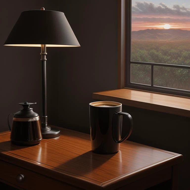 realism oil painting, red eye coffee, nightstand, with a sunset in the background, <lora:epiNoiseoffset_v2Pynoise:2>