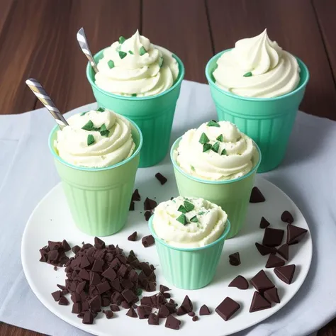 mint chocolate chip ice cream, cups, Split Complementary, Rule of Thirds, <lora:epiNoiseoffset_v2:1>