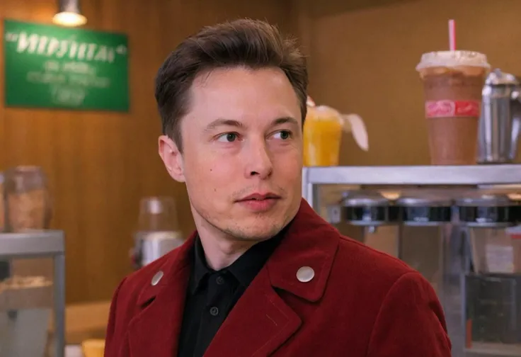 CineTwinPeaks, Elon Musk, costume, cafe, indoors