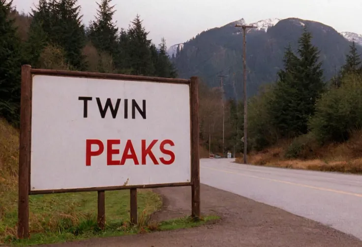 CineTwinPeaks, road, outdoors, sign "Twin Peaks"