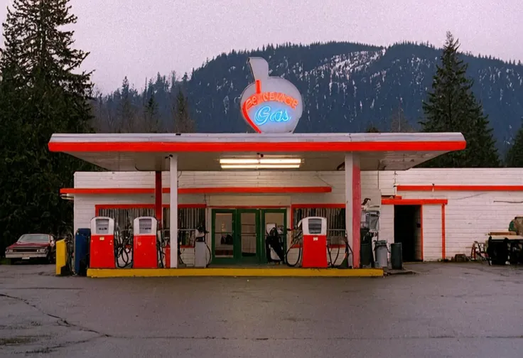 CineTwinPeaks, gas station, neon light, outdoors