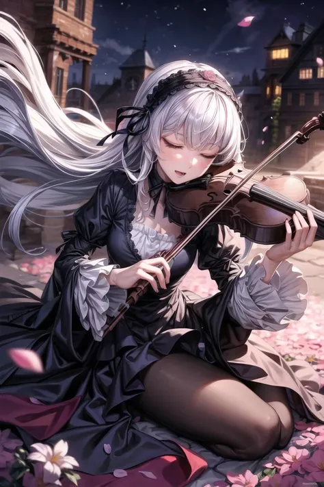 unparalleled masterpiece, 8k, (high quality:1.2) perfect artwork, outdoor, full body, In the garden, (surrounded by flowers:1.1), falling petals, 1girl, <lora:suigintou_v1:0.6>, sui1, suigintou, (Play the violin:1.1),(close eyes:1.2), enjoyment expression, long hair, gothic dress, white hair, flower hair ornament, long sleeves, gothic hairband, ribbon, black dress, black wings, clean, beautiful face, pure face, pale skin, (colored inner hair:1.103), (detail hair:1.08), (Long eyelashes:1.1), (hyper extreme detailed:1.05), stunning lighting effects, <lora:add_detail:1>, night,warm light projection,