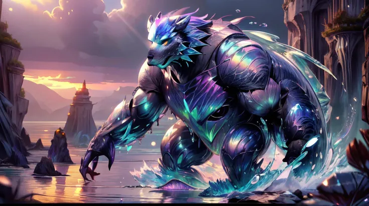 (masterpiece, best quality, fullscreen), [(full body:1.0)::0.3] portrait (photo of a giant out of water Iridescent water [magical being:creature:0.2]:1.5), <lora:EYES EyesGen:0.5> intricate iris, (scaled holo skin:1.5), (Gargantuan:), (Fur body shape:1.2), (Bear head:0.9), (one Digitigrade Appendages:1.1), (casting water magic magic spell:0.7), <lora:EFFECT water_concept-10:0.5> fullwater, <lora:EFFECT ral-watce-sd15:0.2> watce, <lora:MONSTER Small_Mostersv2:0.4> (Fantz cartoon monster:1.5), (Convection water flow:1.3), (floating Seaside Living background:1.3), (Gray Sunset lighting:1.4), <lora:EFFECT WorldofWater:0.2> worldofwater, , , , (look at the viewer:1), ,<lora:LIGHT neon ç»ªå¿-åªå½± curvy:0.6> curvy, silhouette, <lora:QUALITY PotatEnhancer_V1_6:0.3>, <lora:QUALITY add_detail:0.5>, (Full body Shot, Shallow Focus Shot, Low Angle Shot:[1.2:0.5:0.1]), heavily detailed, gloomy, fantasy, eerie, , (sharp focus), <lora:EFFECT Magic card fakemtg_label:1> fakemtg, (no humans), remely detailed, intricate, epic composition, cinematic lighting, trending on artstation, 8k, amazing lifelike attributes, cinematic lighting,steady textures,cinematic, sharp focus