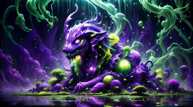 (masterpiece, best quality, fullscreen), [(full body:1.0)::0.2] portrait (photo of a decaying [magical being:creature:0.4]:1.2), <lora:EYES Fire:0.4> purple fire, (green and purple Diseased Skin texture:1.3), (Vicious smile, Consumed Eyes, Dissolving Features, Distorted Reflection, Sickly Colors, Slimy hairs, Diseased Skin, Twisted Limbs, dark whispers:1.4), (Dark Purple Aura:1.2), (Disgusting appearance overall:1.4), , (Art Nouveau Amphibian body with Spherical head and with two Padded Appendages:1.1), <lora:EFFECT ral-acidzlime-sd15:0.5> (smoke, bubbles, acidzlime:0.9), <lora:EFFECT symbiote style 1.5:0.2> symbiote style, <lora:MONSTER ral-zhibi-sd15:0.6> zhibi, (dark [sick green, purple] Moss-Covered Logs background:1.2), <lora:EFFECT Gloomifier_TheDread_V1_LECO:0.2>, <lora:BACKGROUND misty of forest:0.2> misty of forest, <lora:QUALITY Space - [Background] - Version 1:0.1>, , (look at the viewer:1.1), <lora:SLIDER weight_slider_v2:-0.5>, <lora:SLIDER muscle_slider_v1:-0.5>,<lora:LIGHT ALL IN ONE LORA HD v1:0.5>, <lora:QUALITY add_detail:0.5>, <lora:QUALITY kkw-better-v1.0a:0.3>, <lora:QUALITY PotatEnhancer_V1_6:0.1>, (Full body Shot, Shallow Focus Shot, Low Angle Shot:[1.2:0.5:0.1]), heavily detailed, magical, haunting, (asymmetric composition:1.3), (sharp focus), <lora:EFFECT Magic card fakemtg_label:1> fakemtg, (no humans), intricate, elegant, highly detailed, centered, digital painting, artstation, concept art, smooth, sharp focus, octane render, a2cf, artgerm, tomasz alen kopera, peter mohrbacher, donato giancola, joseph christian leyendecker, wlop, frank frazetta
