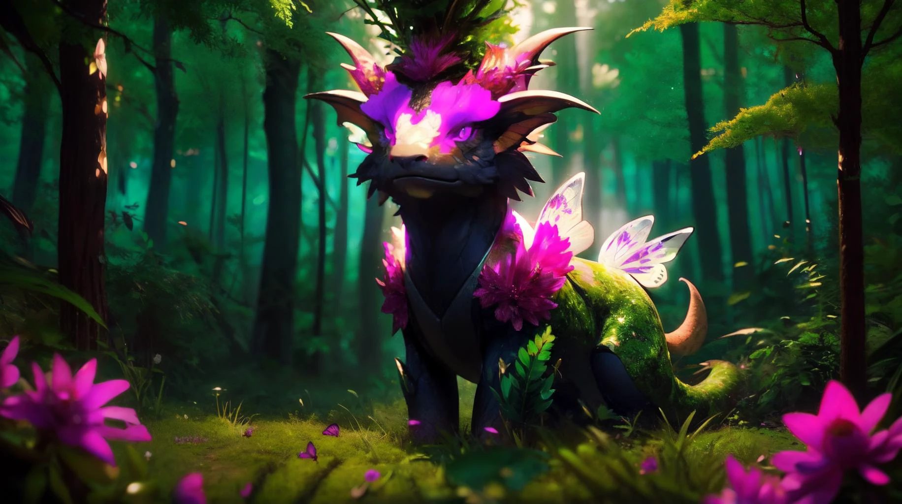 (masterpiece, best quality, fullscreen), [(full body:0.9)::0.1] portrait (photo of a small vegetal [magical being:tree creature:0.2] Vining in a lush forest:1.5), <lora:EYES Fire:0.5> green fire, (Hairy bark skin:1.2), (two Quinacridone Magenta Actinomorphic flowers on the head:1.3), (Modern Dragon body with Irregular head and with one Scaled Appendages:1.1), <lora:EFFECT CSQ insect jewelry-000008:0.2> Butterfly, <lora:MONSTER Critters:0.5> Critters, (Golden Hour Light lighting:1), <lora:EFFECT swampstyle:0.2> swampstyle monster, <lora:BACKGROUND misty of forest:0.4> misty of forest, <lora:QUALITY Better_Nature_v1:0.3>, , (look at the viewer:0.9), , <lora:SLIDER weight_slider_v2:-0.5>,<lora:LIGHT nLoRA:0.5> dark theme, <lora:EFFECT Unleashed_V1.5_prunned:0.4>, <lora:QUALITY PotatEnhancer_V1_6:0.4>, (Full body Shot, Shallow Focus Shot, Low Angle Shot:[1.2:0.5:0.1]), heavily detailed, eerie, , (sharp focus), <lora:EFFECT Magic card fakemtg_label:1> fakemtg, (no humans), ntricate, elegant, highly detailed, digital photography, artstation, 3d Marketer, Half Life, Unreal Engine 5 render, cinema 4d multi-pass ray traced, 8k fabric texture details, octane render, diffused natural skin glow