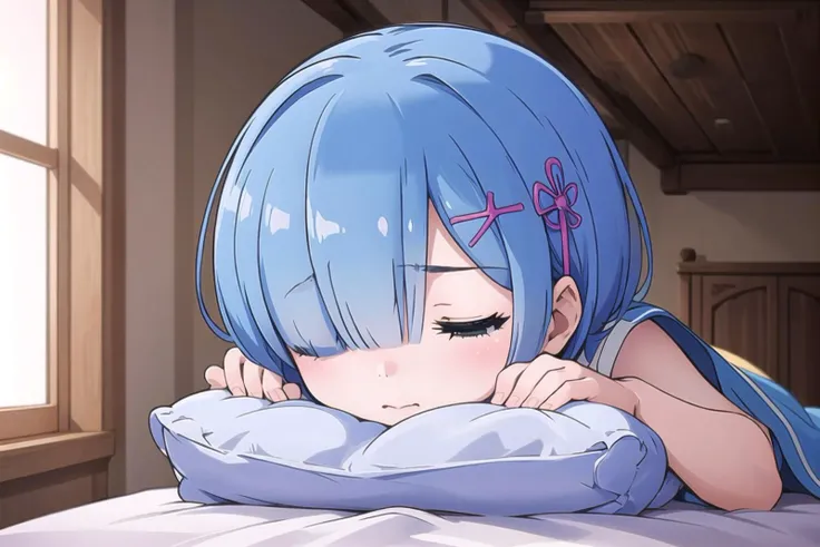 masterpiece, best quality, ultra-detailed, sharp, epic lighting, cinematic composition, <lora:ReZeroRem_v10:0.5> 1girl, pale skin, solo, rem_\(re_zero\), cute, light blue hair, short hair, medium breasts, (hair over one eye:1.3), (pajamas:1.3), (sleepeace:1.1), (closed eyes:1.1), head on pillow, bedroom, bed, blanket, cozy, (8k:1.1), <lora:SleePeace:0.8> <lora:maplestory20:0.3>
