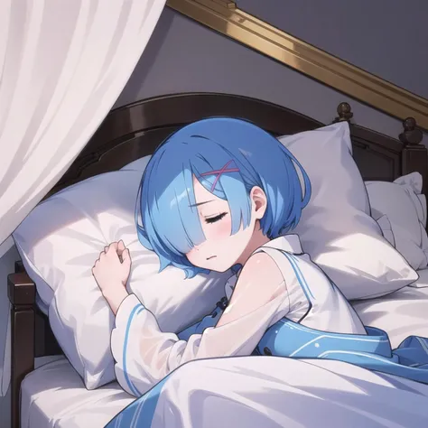 masterpiece, best quality, ultra-detailed, sharp, epic lighting, cinematic composition, <lora:ReZeroRem_v10:0.5> 1girl, pale skin, solo, rem_\(re_zero\), cute, light blue hair, short hair, medium breasts, (hair over one eye:1.3), (pajamas:1.3), (sleepeace:1.1), (closed eyes:1.1), from side, head on pillow, bedroom, bed, blanket, cozy, (8k:1.1), <lora:SleePeace:0.8> <lora:maplestory20:0.3>